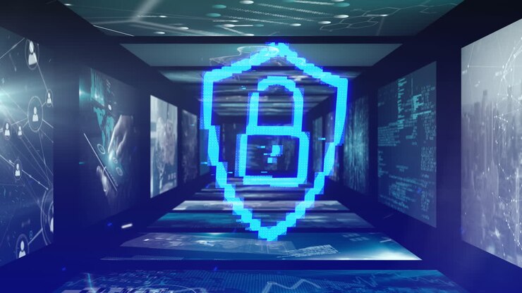 Animation of online security padlock over data processing on screens