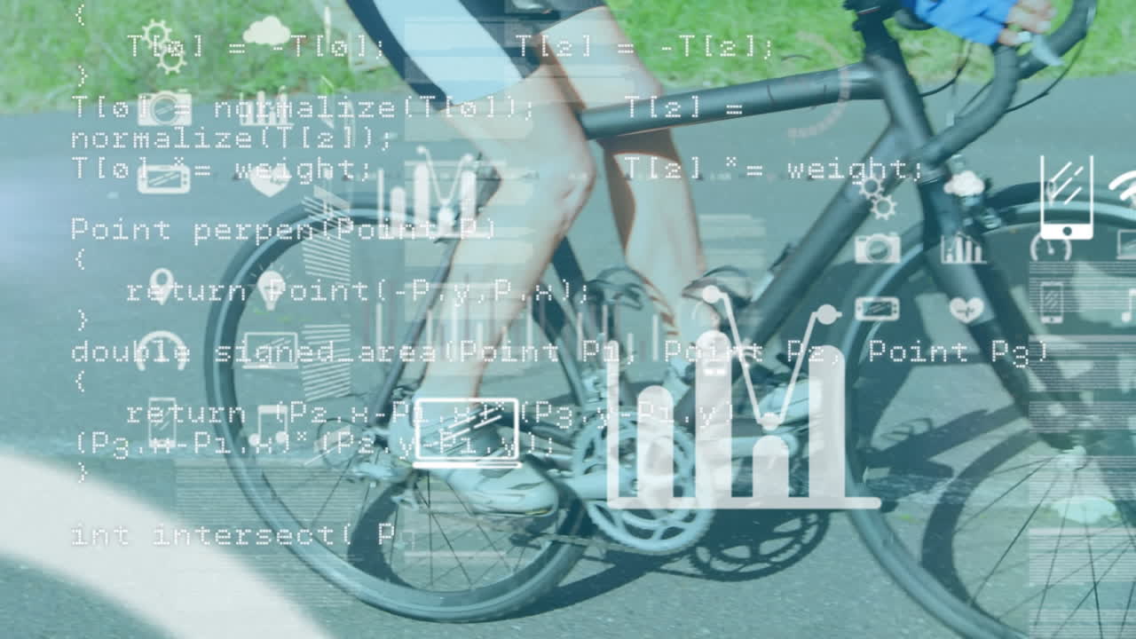 도로에서 자전거를 타고 다니는 백인 여성 자전거 타자에 대한 데이터 처리 화면의 애니메이션