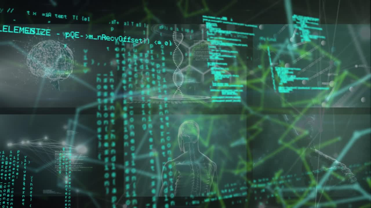 animação do sistema de segurança biônico manual sobre o processamento de dados em espaço azul e preto