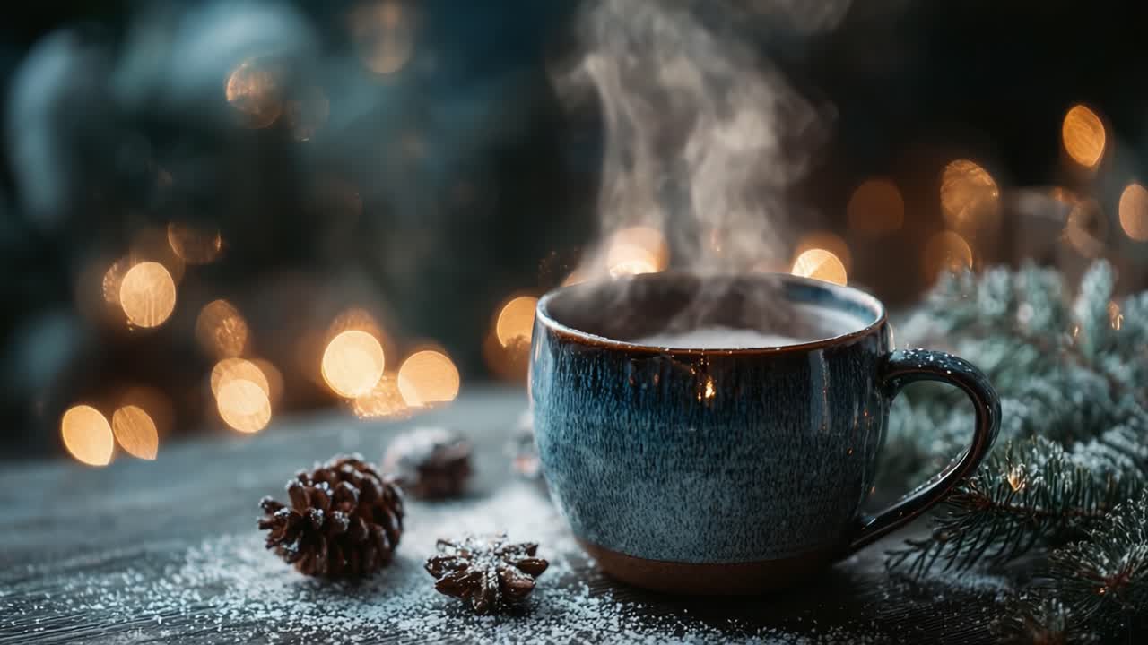 Warm and Cozy: A Hot Beverage in a Beautiful Cup Surrounded by Winter Decor and Sparkling Lights Invoking a Sense of Comfort and Festivity