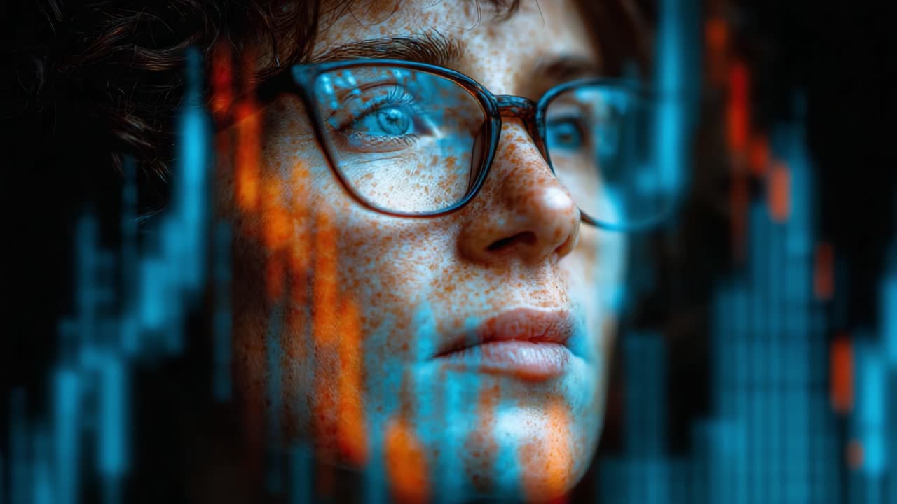 A Thoughtful Individual Analyzes Financial Data Through Glasses, Surrounded by Vibrant Graphs Depicting Market Trends and Insights in a Profound Moment of Reflection