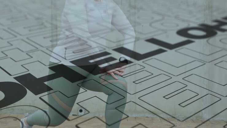Animation af hej-tekst over kaukasisk kvinde, der træner derhjemme