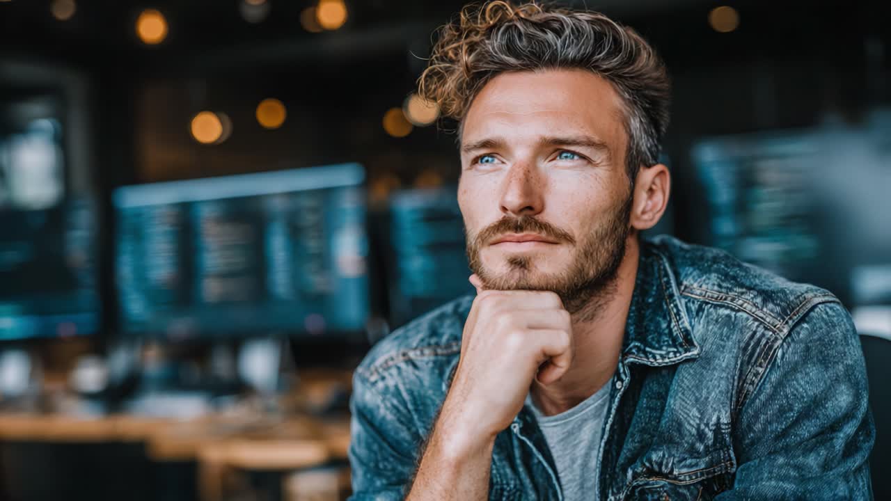Contemplative Man in Casual Attire Pondering Ideas While Surrounded by Technology in a Modern Workspace Environment