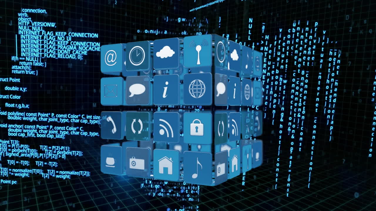 iconos en línea y de aplicaciones en cuadrados y códigos de programas