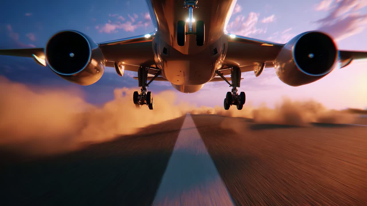 A breathtaking view of a modern aircraft taking off from a runway, captured from the ground perspective, featuring the powerful engines and landing gear, with a stunning sunset backdrop illuminating the sky