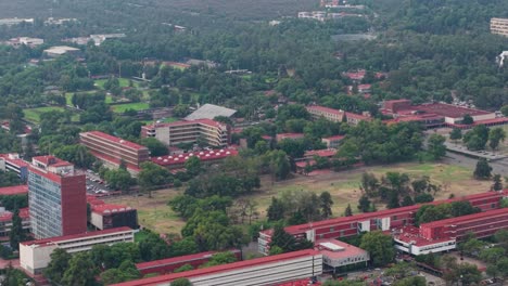 university campus, wooded area and green spaces in south of cdmx, drone shot