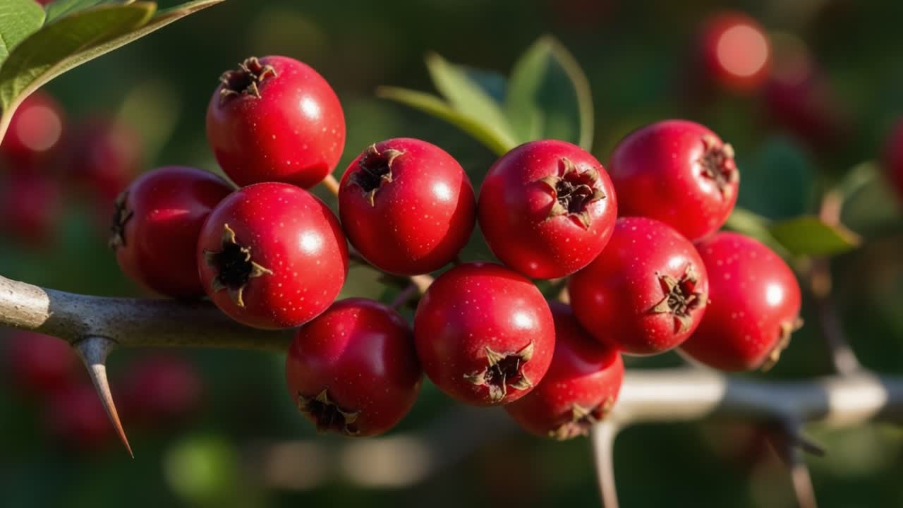 Vibrant Red Berries Glistening on Thorny Branches, Showcasing Nature's Beauty in a Close-Up Shot of a Thriving Berry Cluster