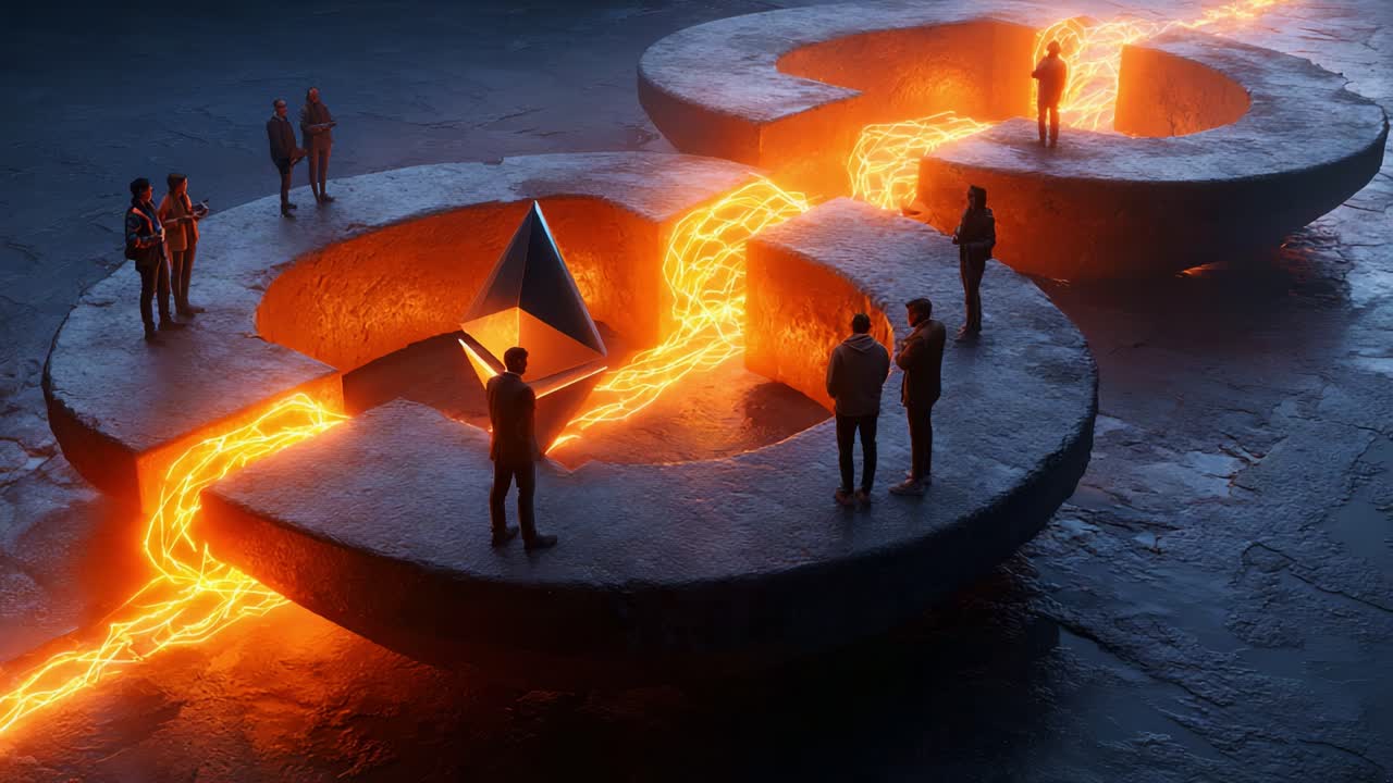 Exploring the Intriguing Connection Between Rocks and Lava as People Gather Around a Mysterious Pyramid Surrounded by Glowing Lava Streams and Unique Geometric Shapes