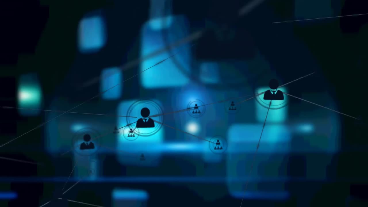 animación de redes de conexiones con iconos sobre pantallas azules