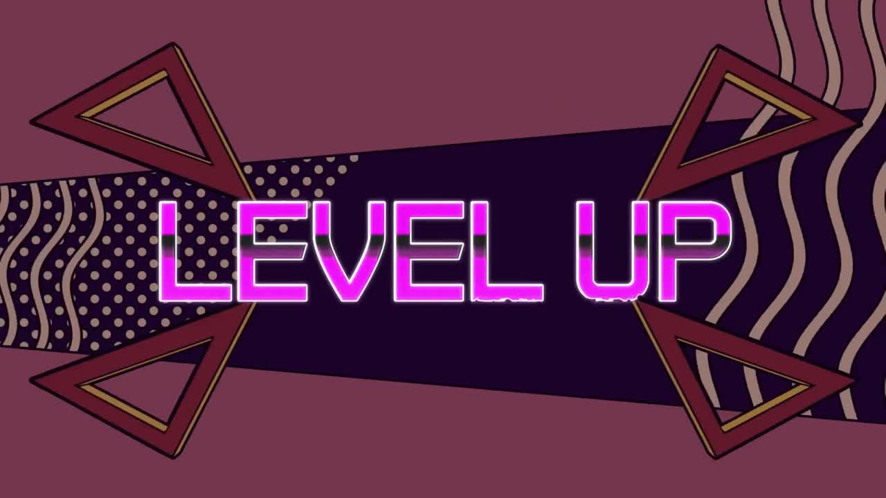 어두운 배경에 다채로운 움직이는 그래픽 위에 레벨 업 텍스트의 애니메이션