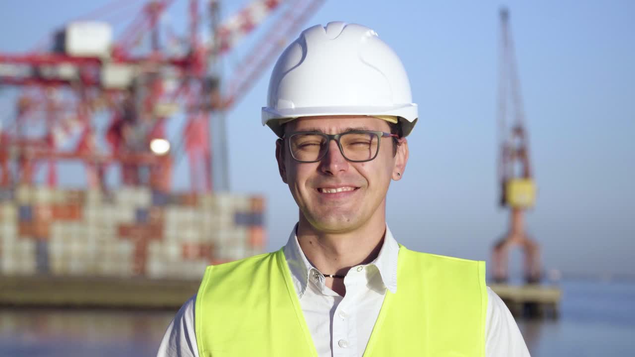 retrato de un joven inspector de control alegre con gafas y un casco blanco de pie frente al puerto de carga de contenedores