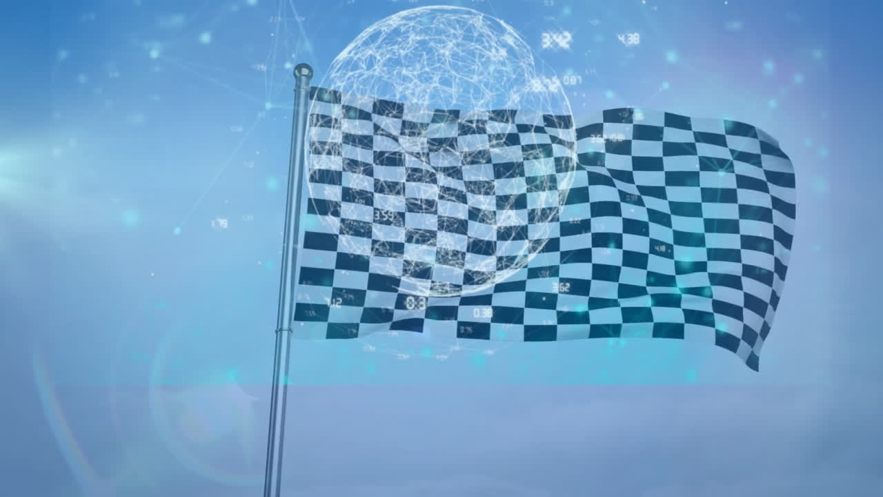 Checkered flag waving over digital network and data processing animation