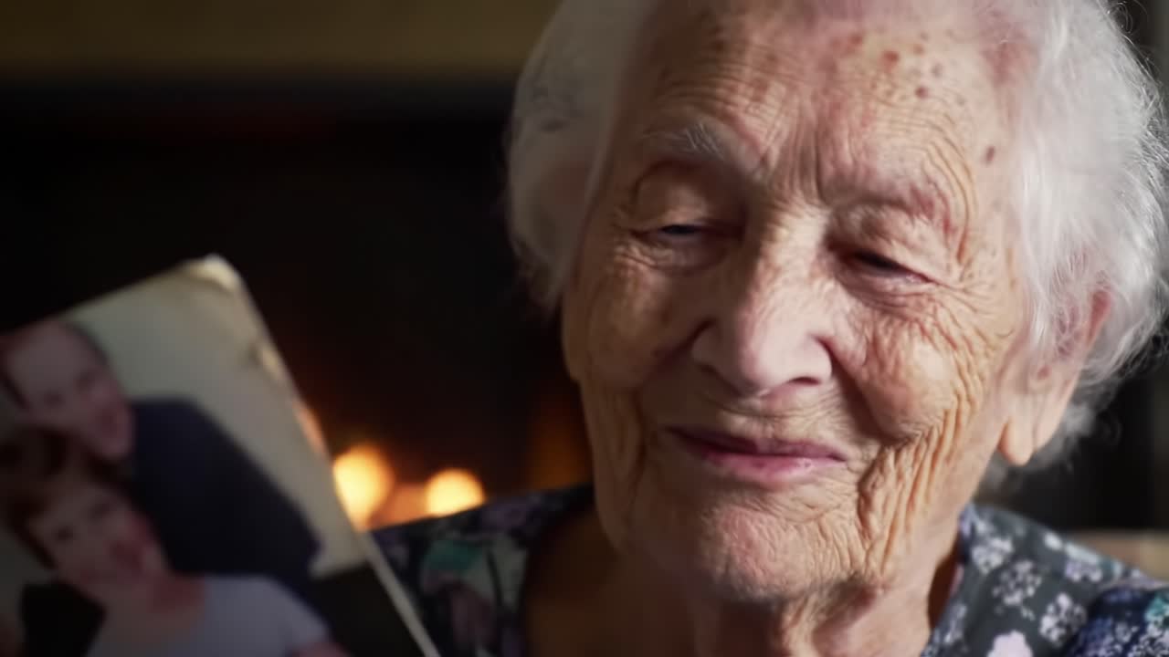 A Heartwarming Moment: An Elderly Woman's Joy as She Reminisces Over Cherished Memories by the Warmth of a Cozy Fire