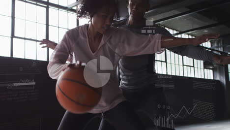 Animation-of-graphs-and-icons-over-diverse-couple-playing-volleyball-in-warehouse