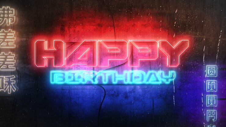 alles gute zum geburtstag mit neonlichtern an der mauer der stadt in japan