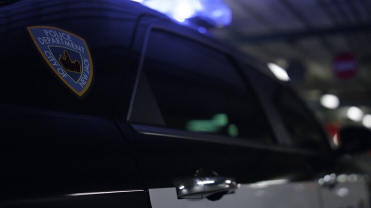 Carrosserie de voiture de police. Plan détaillé d'un véhicule de patrouille garé dans un parking souterrain.
