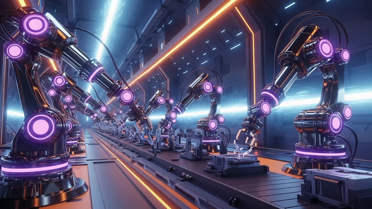 Futuristic Industrial Automation: A Sleek Assembly Line of Advanced Robotic Arms in a High-Tech Environment with Neon Lighting Elements
