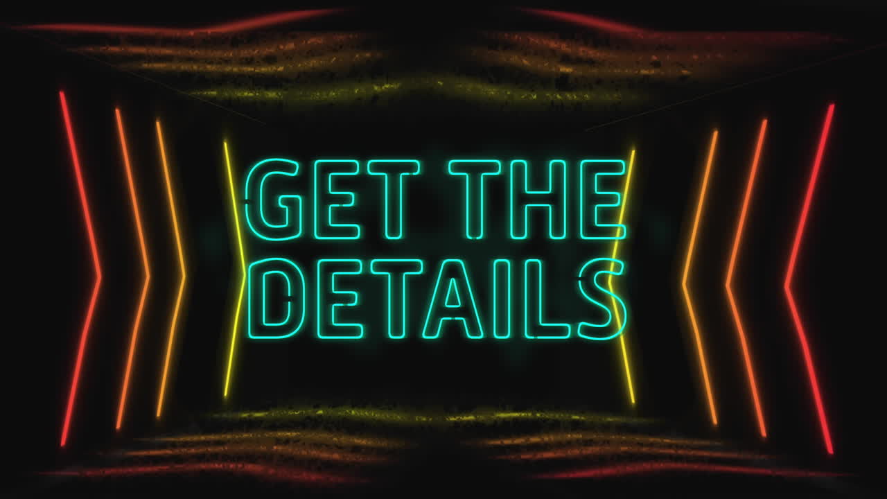 Neon animation of GET DETAILS text glowing with colorful light patterns