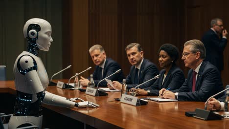 A Futuristic Debate: A Humanoid Robot Engaging in a Serious Discussion with Experts at a Conference Table, Exploring the Intersection of Technology and Humanity