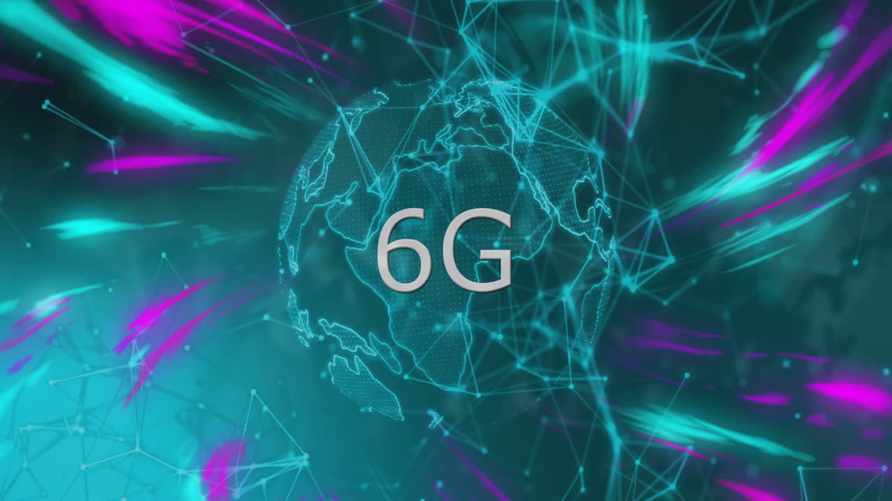 네온 선과 연결을 가진 디지털 글로브 위의 6g 텍스트 애니메이션