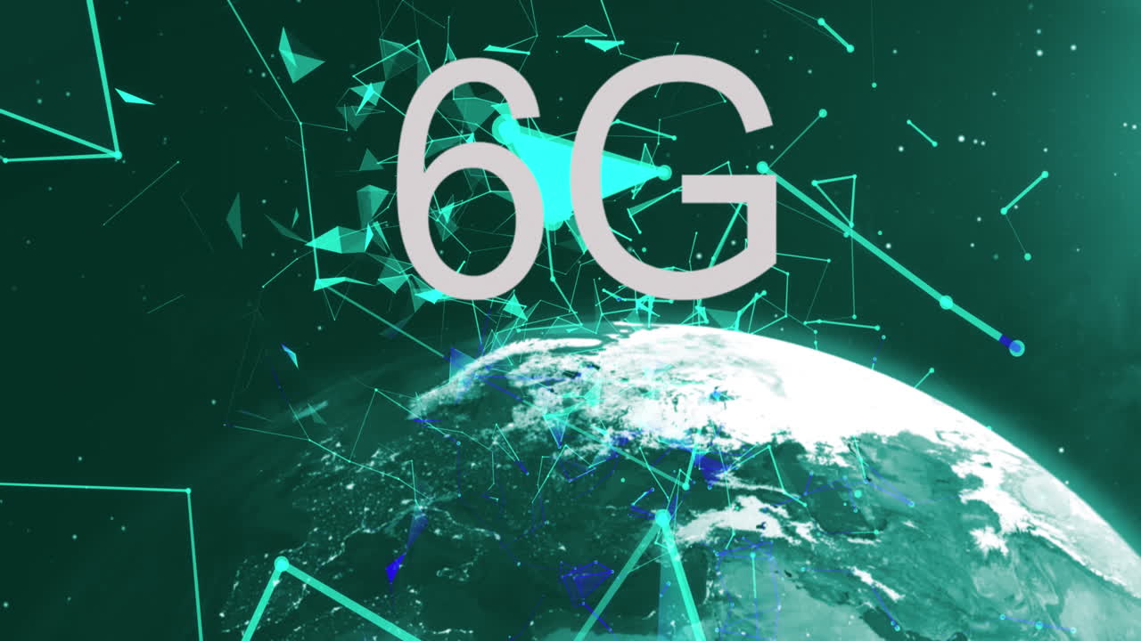 animación de texto de 6g sobre el globo y el paisaje urbano sobre fondo verde