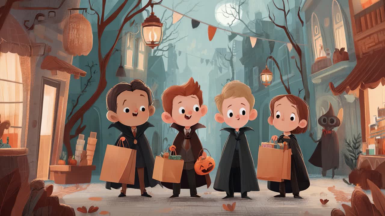 En glad forsamling af fire unge trick-or-treatere i et charmerende Halloween-kvarter, fyldt med festlige dekorationer og efterårsstemning