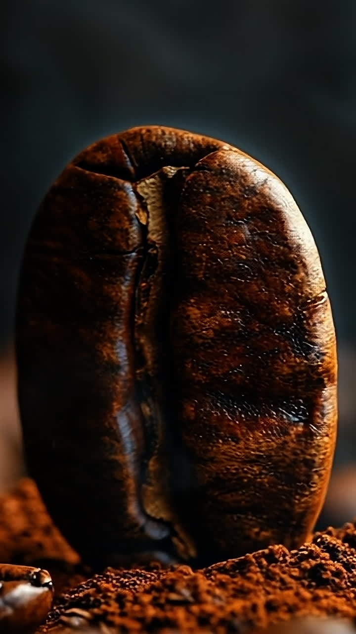 Dark coffee bean atop ground coffee. A single roasted coffee bean stands prominently on a mound of finely ground coffee, exuding a rich aroma.