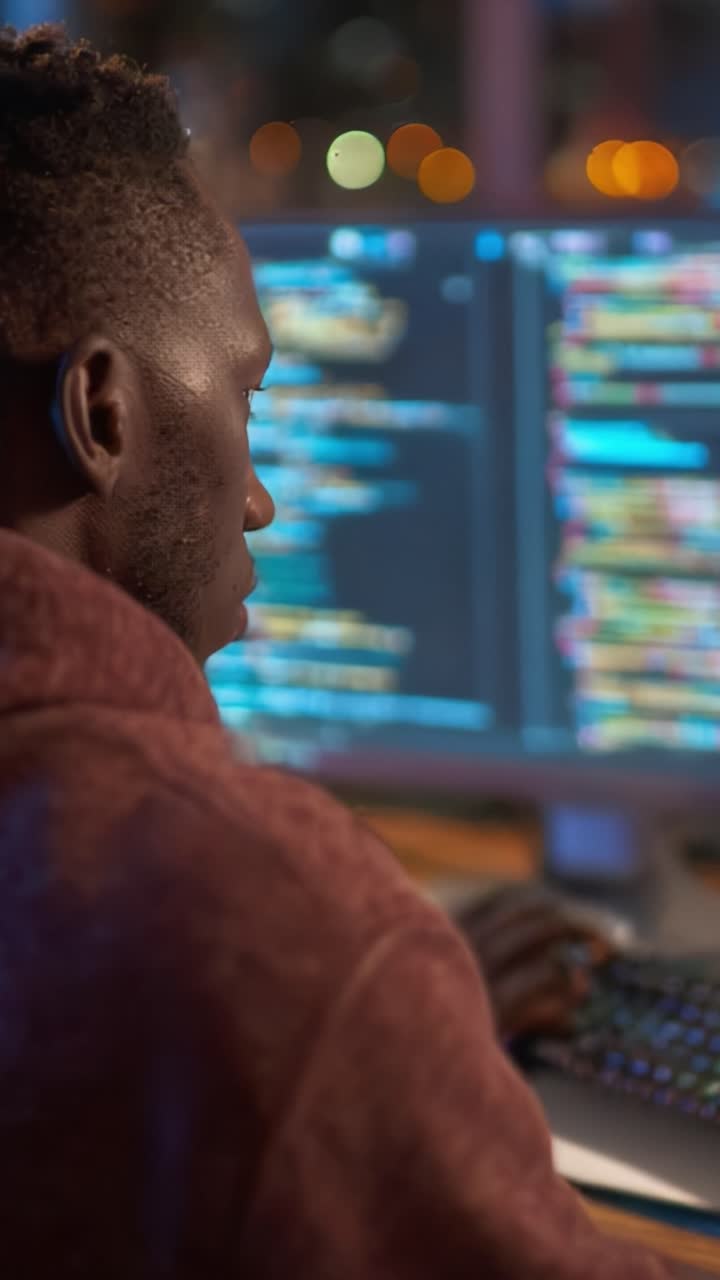 Focused Programmer Engaged in Coding at Night, Surrounded by Colorful Lines of Code on Dual Monitors, Capturing the Essence of Software Development and Innovation