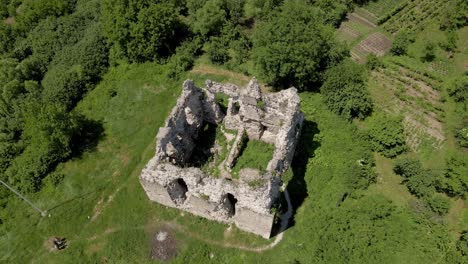 castle ruins on fortification stronghold of knights templar in ukraine, aerial