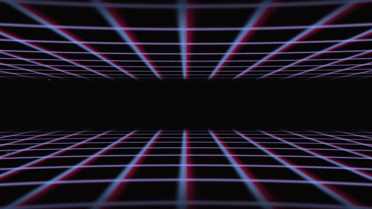 Rete wireframe synthwave anni '80. Sfondo retro-futuristico. Illustrazione 3D rendering in loop continuo.