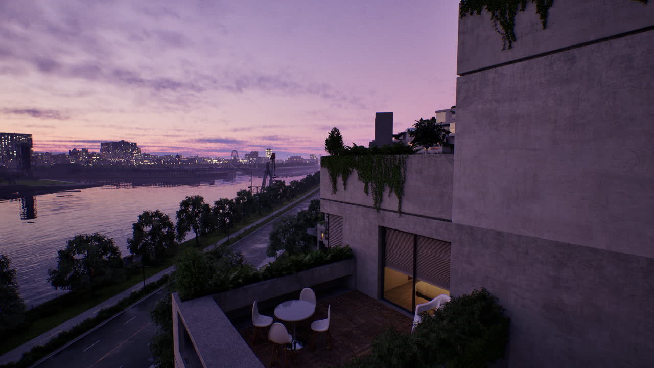 해가 지는 동안 발코니에서 도시 풍경