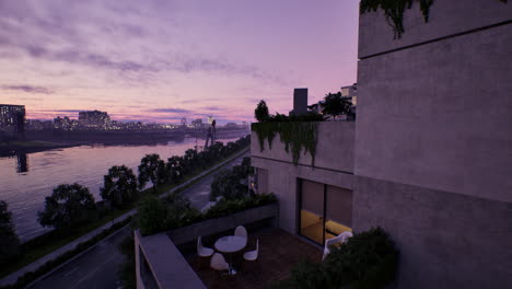 a cityscape view from a balcony at sunset