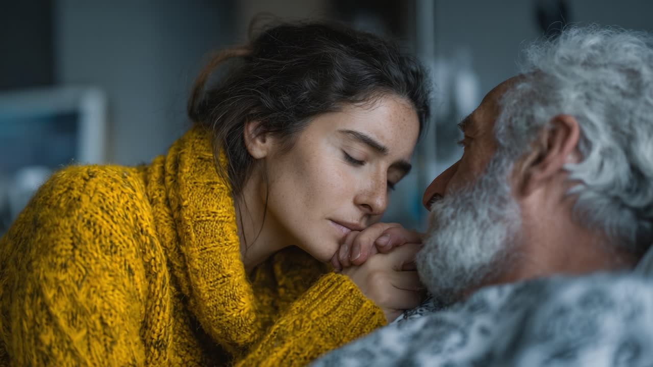 A Tender Moment of Connection Between a Daughter and Her Father in a Hospital Room, Capturing the Depth of Emotion and Love during a Challenging Time