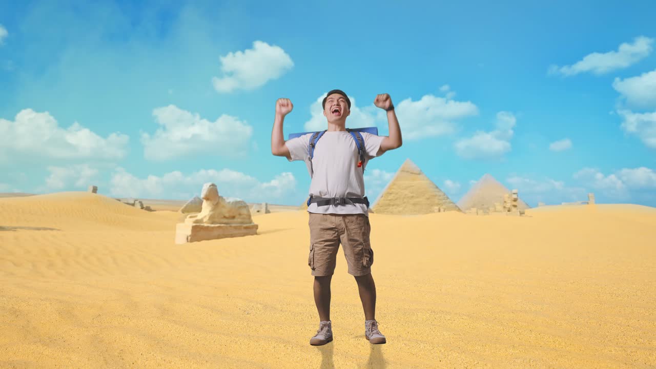 Excited Tourist in the Egyptian Desert