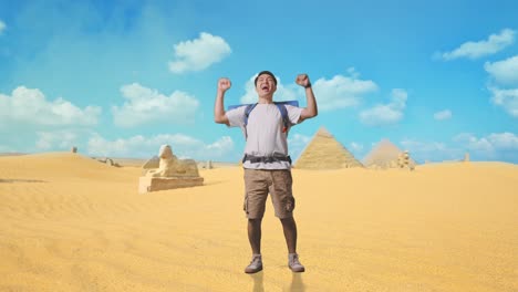 excited tourist in the egyptian desert