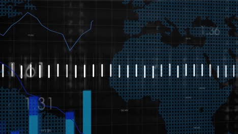 Animation-Der-Finanzdatenverarbeitung-über-Einer-Weltkarte-Auf-Schwarzem-Hintergrund