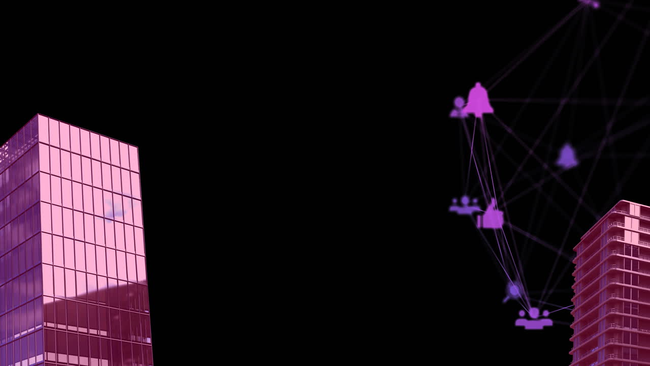 Animation of digital network of connections with icons over pink 3d cityscape model