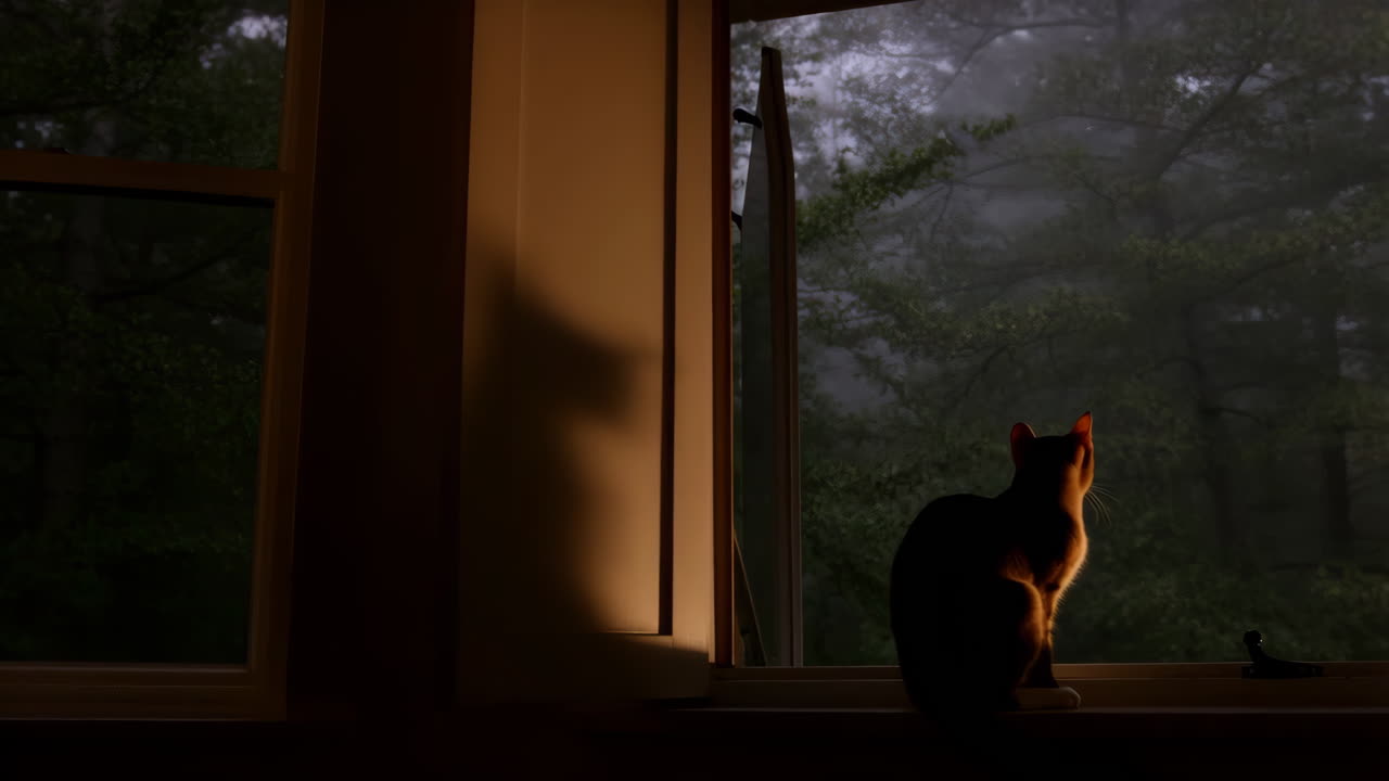Cat on a Windowsill Gazing at a Misty Forest