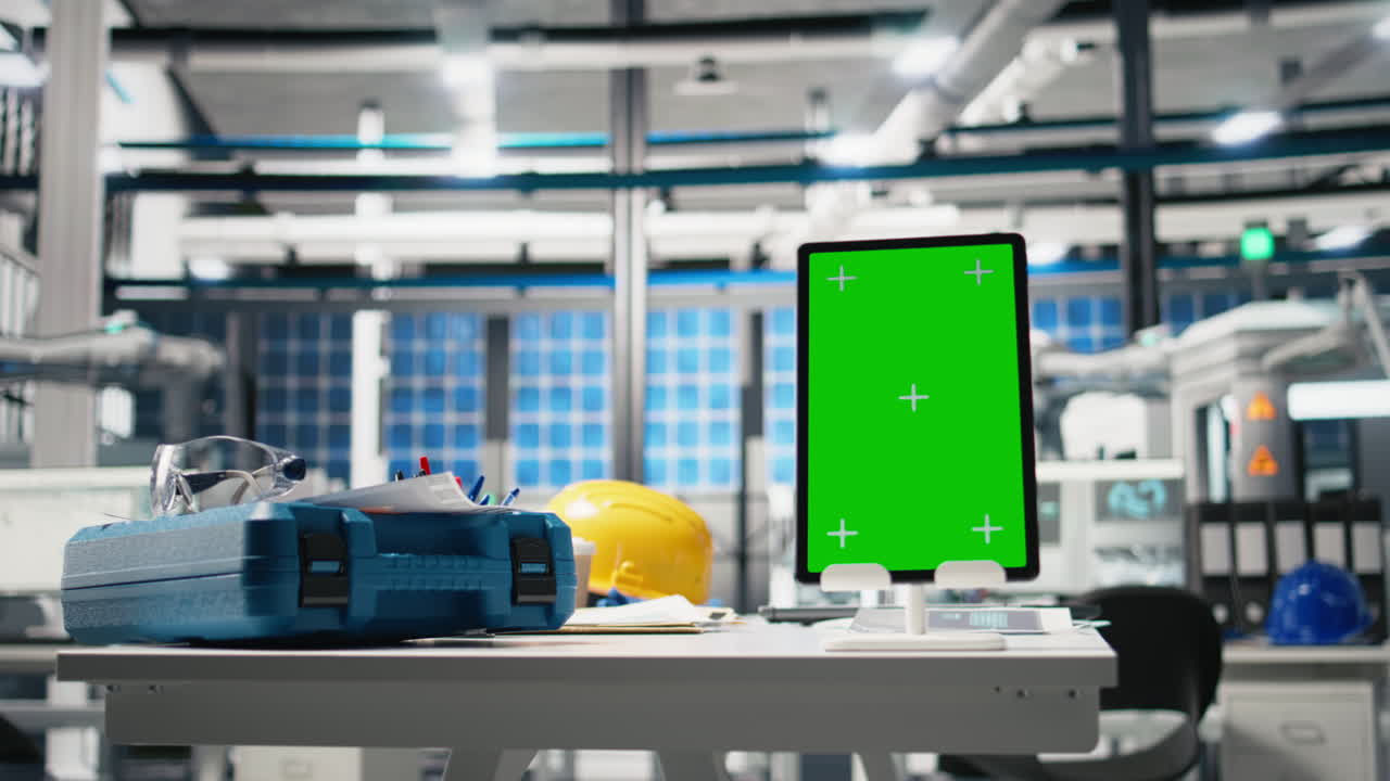 Industrial Workplace with Tablet and Green Screen