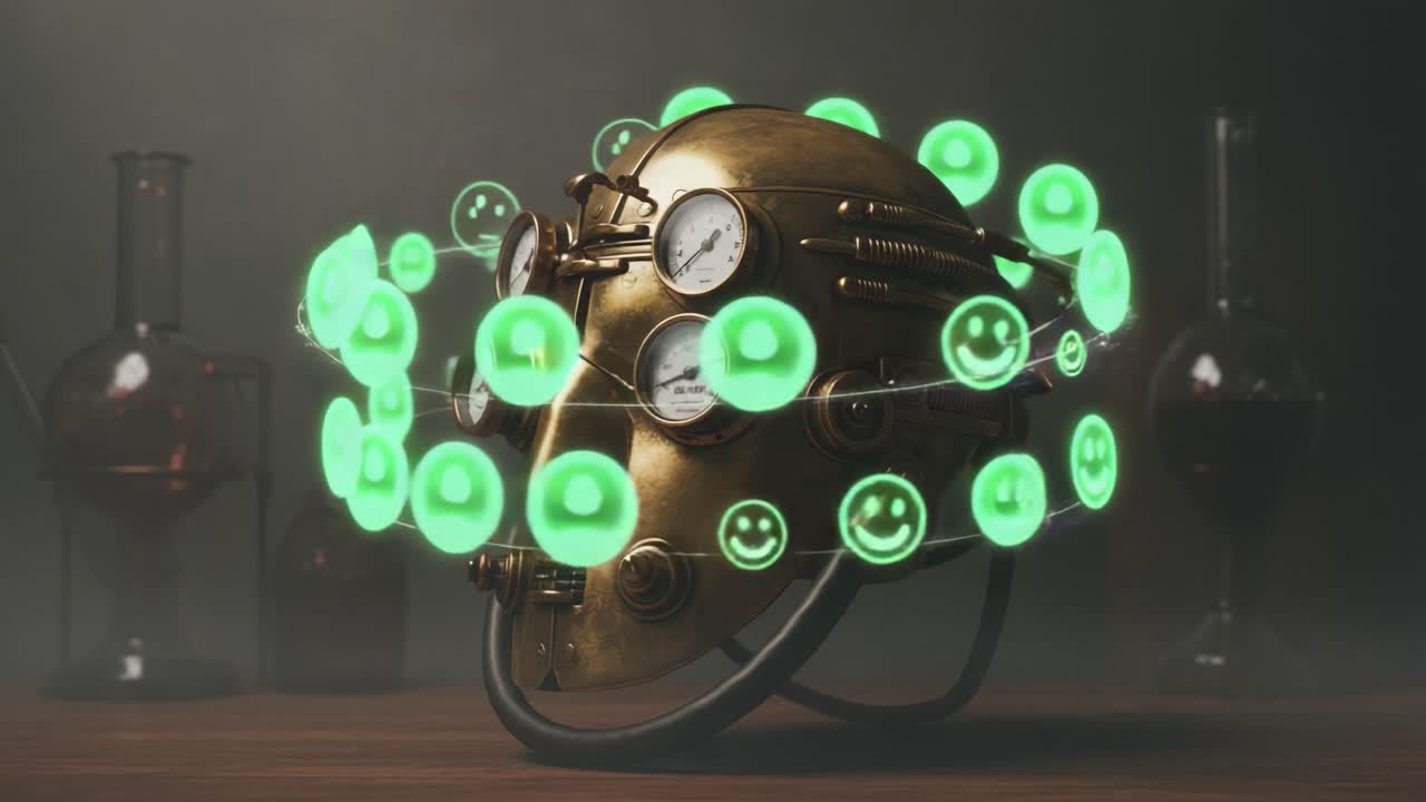 An Intricate Steampunk Headgear with Antique Pressure Gauges and Ethereal Green Lights, Showcasing the Innovative Blend of Science and Fantasy Aesthetic