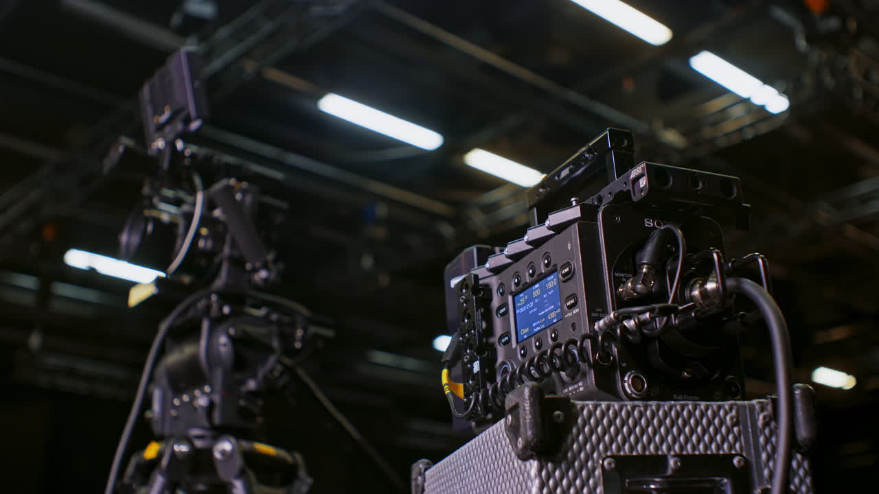 cámara de cine profesional de alta gama con bloque de sensor separado y montado en un trípode y cabeza de fluido con accesorio