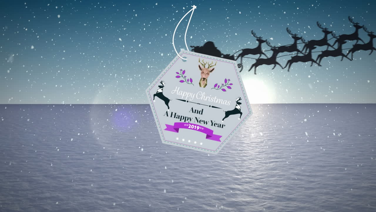 겨울 풍경 위에  ⁇ 매를 타고 산타클로스 위에 계절의 인사와 함께 선물 태그의 애니메이션