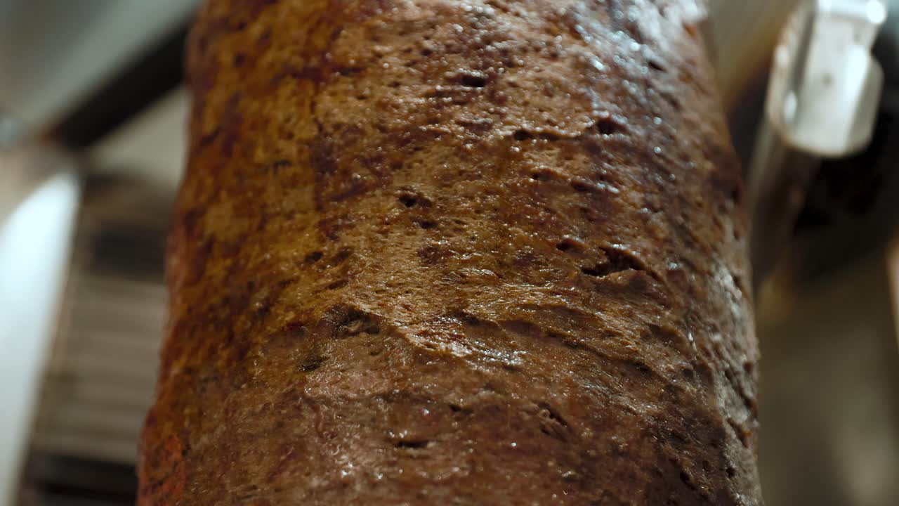Close-up of a doner kebab sizzling on a rotating skewer, perfect for street food, restaurant, and culinary preparation visuals