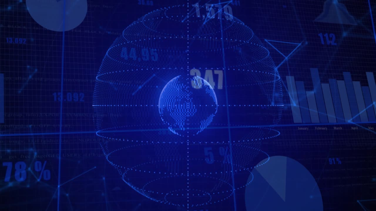 Upon launch, rotating dotted globe updating overlays and graphs, visualizing global data trends