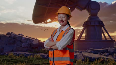side view of asian female engineer with safety helmet crossing her arms and smiling while standing with large satellite dish