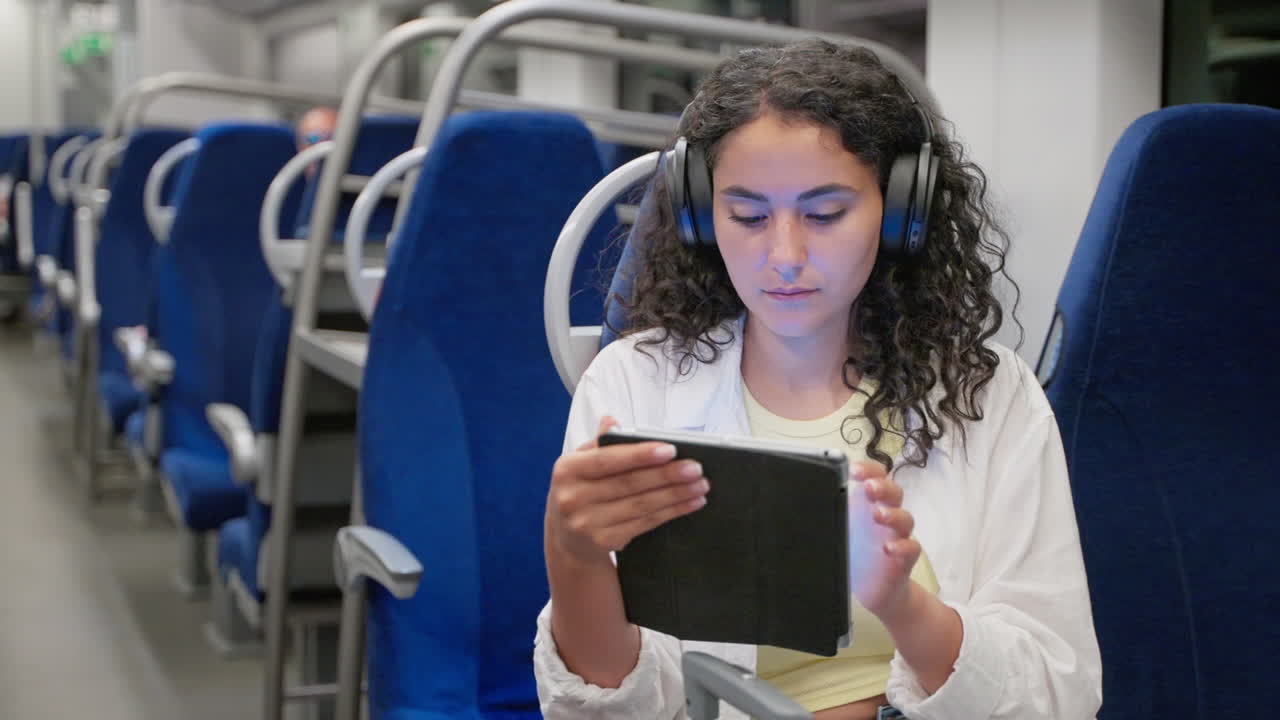 en un tren leyendo una tableta