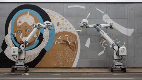 innovative robotic arms collaborate to create stunning mural of an astronaut, showcasing the fusion of technology and art in a thought-provoking urban installation