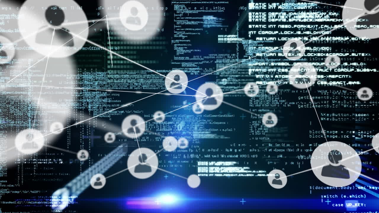 데이터 처리와 함께 검은 바탕에 아이콘으로 연결 네트워크의 애니메이션