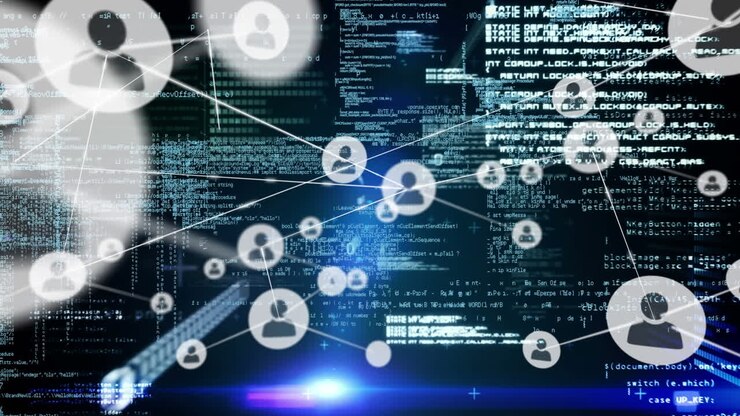 Animation of network of connection with icons over black background with data processing