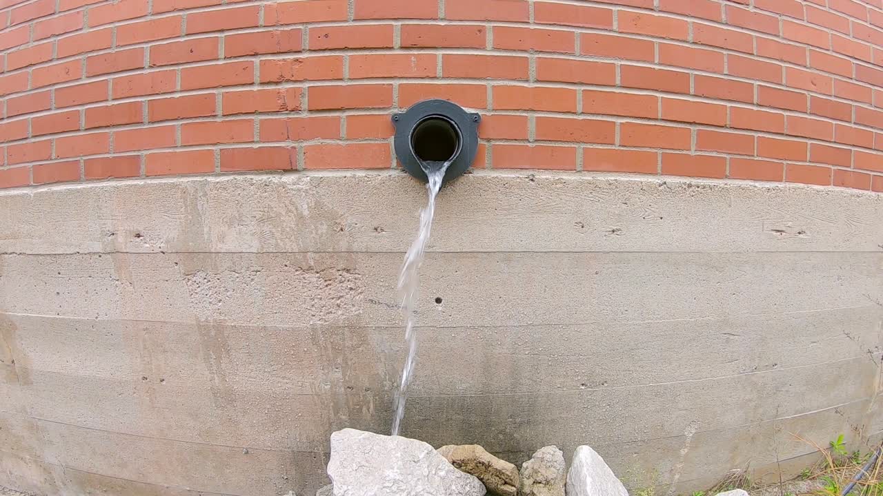 Acqua che defluisce da un pluviale nascosto dopo un temporale.